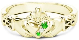 Gold Natural Emerald .035cts Natural Diamond .01cts Claddagh Celtic Knot Ring - May Birthstone