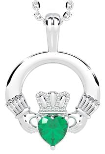 White Gold Emerald .18cts Irish Claddagh Pendant Necklace - May Birthstone