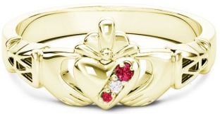 10K/14K/18K Gold Genuine Red Garnet.035cts Genuine Diamond .1cts Claddagh Celtic Knot Ring - January Birthstone