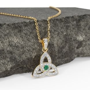 White & Yellow Gold Genuine Diamond .15cts Genuine Emerald .10cts Celtic Knot Pendant Necklace