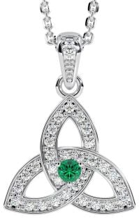 White Gold Genuine Diamond .15cts Genuine Emerald .10cts "Celtic Knot" Pendant Necklace