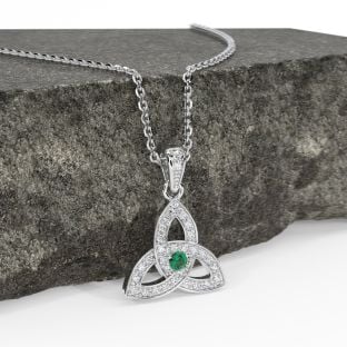 White Gold Genuine Diamond .15cts Genuine Emerald .10cts Celtic Knot Pendant Necklace
