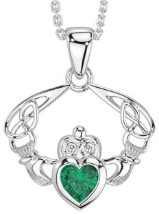 Silver Emerald Celtic Claddagh Pendant Necklace