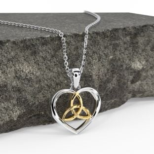 14K Two Tone Gold Solid Silver Irish Celtic Knot Heart Pendant Necklace