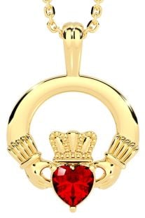 Gold Red Garnet Irish "Claddagh" Pendant Necklace - January Birthstone