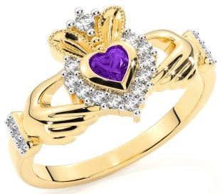 Ladies 10K/14K/18K Diamond and Amethyst Yellow Gold Claddagh Ring - February Birthstone