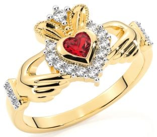 Anillo Claddagh de oro amarillo de 10K/14K/18K con rubí de 0,25 K y diamante de 0,18 K - Piedra natal de julio