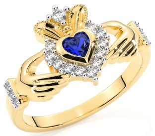 Ladies 10K/14K/18K Gold Sapphire .25cts and Diamond .18cts Claddagh Ring - September Birthstone
