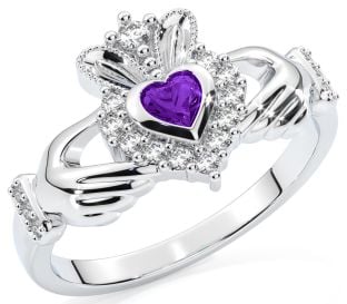 Ladies 10K/14K/18K Diamond and Amethyst Solid White Gold Claddagh Ring - February Birthstone