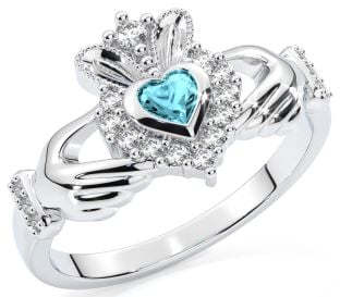 Anel Claddagh de prata com diamante água-marinha - pedra do mês de março