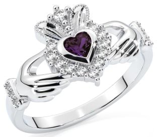 Alexandrite Diamond Silver Claddagh Ring - June Birthstone