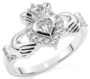 Anillo Claddagh de diamantes de .43cts de oro blanco macizo de 10K/14K/18K para mujer - Piedra natal de abril