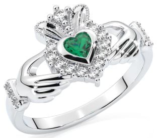 Ladies Emerald Diamond Silver Claddagh Ring - May Birthstone