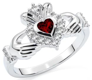 Anel Claddagh em Prata com Diamante Garnet - Pedra do Nascimento de Janeiro