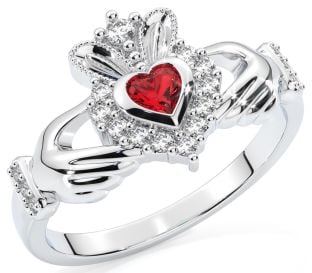 Ladies Ruby Silver Claddagh Ring - July Birthstone