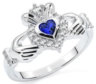 Ladies 10K/14K/18K Solid White Gold Sapphire .25cts and Diamond .18cts Claddagh Ring - September Birthstone