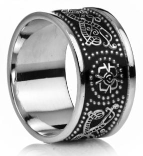 12mm Extra Wide Mens White Gold Black Rhodium Celtic "Warrior" Band Ring