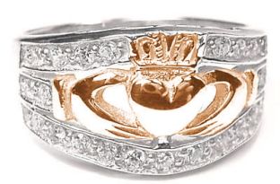 14K White & Rose Gold Silver Ladies Diamond Claddagh Ring