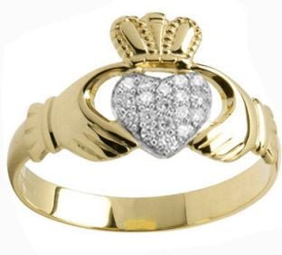 Mens Gold Diamond .13cts Claddagh Ring