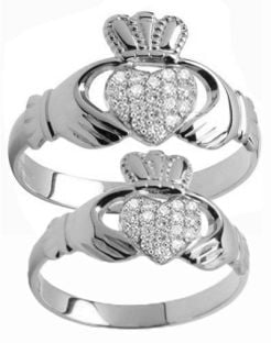 White Gold Diamond .22cts Claddagh Ring Set