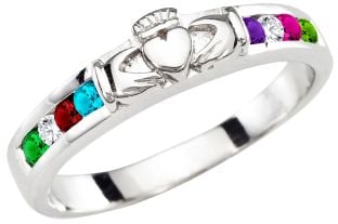 Mother's Diamond Birthstone Silver Claddagh Ring 