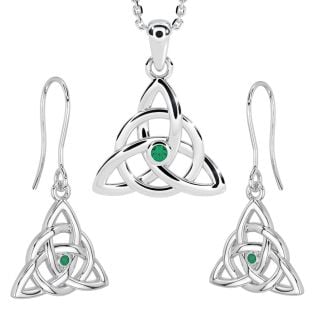 14K White Gold Silver Genuine Emerald Irish Celtic Knot Dangle Earrings & Necklace Set