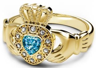 10K/14K/18K Gold Genuine Diamond .13cts Genuine Aquamarine.25cts Claddagh Engagement Ring - March Birthstone