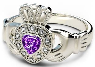 10K/14K/18K White Gold Genuine Diamond .13cts Genuine Amethyst .25cts Claddagh Engagement Ring - February Birthstone