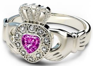 10K/14K/18K White Gold Genuine Diamond .13cts Tourmaline .25cts Claddagh Engagement Ring - October Birthstone 