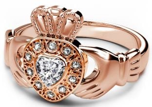 10K/14K/18K Rose Gold Genuine Diamond .38cts Claddagh Ring - April Birthstone