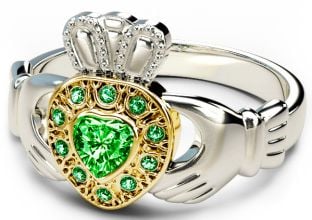 10K/14K/18K Two Tone White and Yellow Gold Genuine Emerald .38cts Claddagh Ring  