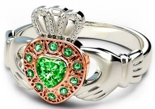 10K/14K/18K Two Tone White and Rose Gold Genuine Emerald .38cts Claddagh Ring  