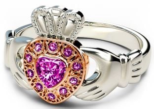 10K/14K/18K Two Tone White and Rose Gold Genuine Pink Sapphire .38cts Claddagh Ring  
