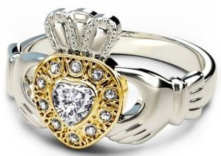 White & Yellow Gold Genuine Diamond .38cts Claddagh Ring - April Birthstone
