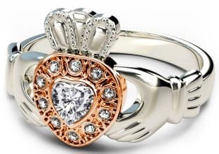 White & Rose Gold Genuine Diamond .38cts Claddagh Ring - April Birthstone