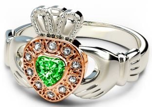 10K/14K/18K Two Tone White and Rose Gold Genuine Diamond .13cts and Genuine Emerald .25cts Celtic Claddagh Ring