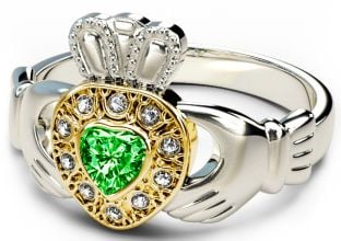 10K/14K/18K Two Tone White and Yellow Gold Genuine Diamond .13cts and Genuine Emerald .25cts Celtic Claddagh Ring