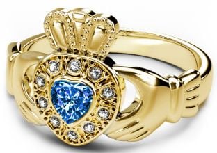 10K/14K/18K Yellow Gold Diamond and Sapphire Celtic Claddagh Ring