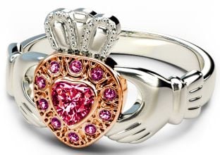 10K/14K/18K Two Tone White and Rose Gold Genuine Ruby .38cts Claddagh Ring  