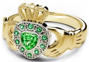 10K/14K/18K Two Tone Yellow and White Gold Genuine Emerald .38cts Claddagh Ring  