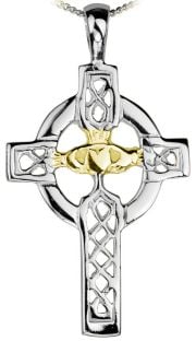 White & Yellow Gold Claddagh "Celtic Cross" Pendant Necklace