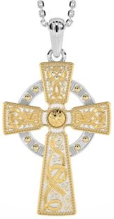 White & Yellow Gold Warrior Celtic Cross Pendant Necklace