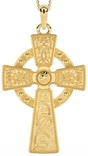 Extra Large Mens 14K Yellow Gold Solid Silver Silver "Warrior" Irish Celtic Cross Pendant Necklace