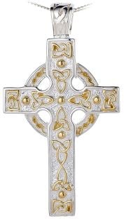 14K Two Tone Gold Silver Heavy & Thick Celtic Knot Cross Pendant Necklace