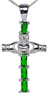 Emerald 14K White Gold Silver Claddagh Cross Pendant Necklace