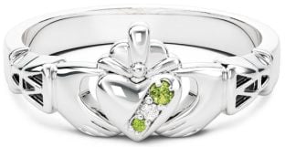 10K/14K/18K White Gold Genuine Peridot.035cts Genuine Diamond .1cts Claddagh Celtic Knot Ring - August Birthstone