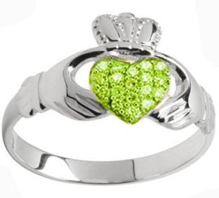 10K/14K/18K White Gold Peridot Claddagh Ring - August Birthstone