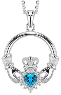 Topaz Diamond Silver Claddagh Pendant Necklace - December Birthstone