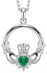 Emerald Silver Claddagh Pendant Necklace -May Birthstone