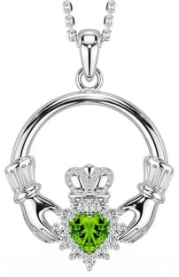 Peridot Diamond Silver Claddagh Pendant Necklace - August Birthstone